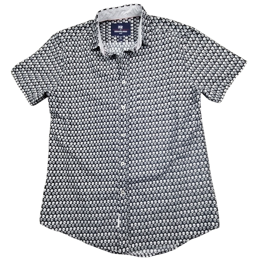 Skull Print Short Sleeve Button Down Shirt Black Mens Small International Report